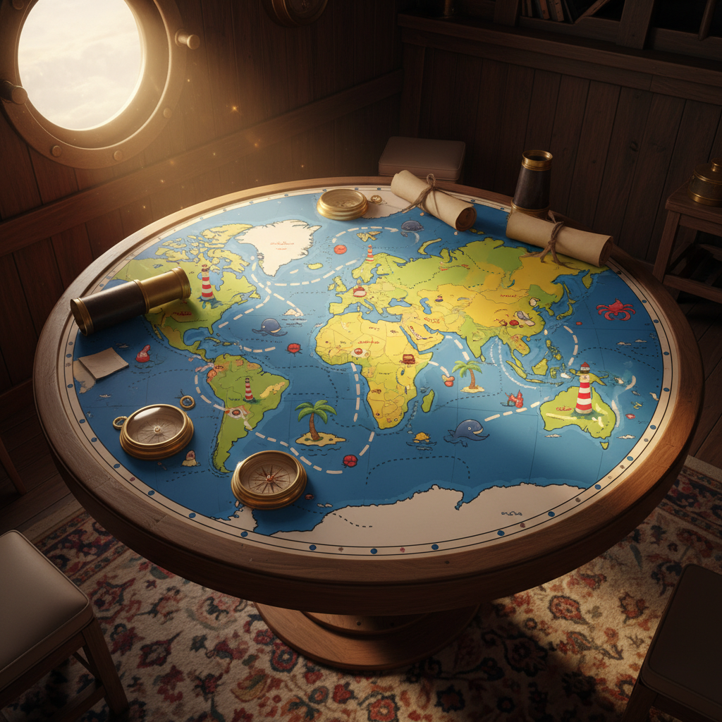 A vivid, highly detailed nautical chart displayed across a round wooden navigation table. The chart is marked with whimsical, colorful lines tracing an adventurous sailing route that loops around the continents. Small, charming icons of islands, lighthouses, and playful sea creatures dot the map. The table sits in a cozy, sunlit ship’s cabin, surrounded by brass compasses and rolled-up maps. Bright daylight streams through a nearby porthole, creating energetic glints on the lacquered surfaces and casting softened shadows. Shot from a slightly elevated angle to showcase the energetic layout of the chart. The palette features bold blues, sunny yellows, and cheerful reds, using photographic realism with playful, rounded forms to match the site's lively, travel-focused personality.