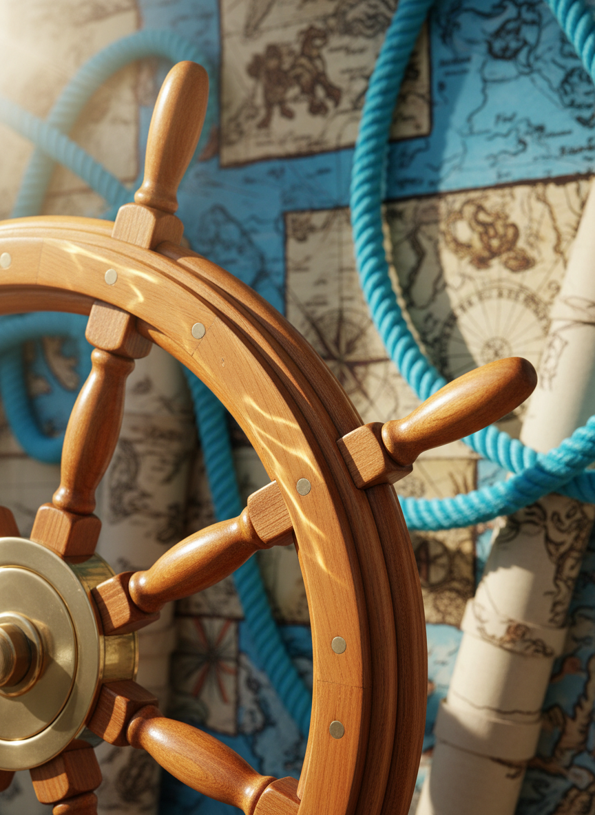 A gleaming ship's wheel made of warm-toned, polished wood with rounded spokes and brass accents, set against a spirited backdrop of stacked nautical charts and bright blue coiled ropes. Sunlight pours in from an off-frame window, creating lively highlights along the wheel’s surface while casting gentle shadows on the surrounding materials. Photographed close-up at an eye-level perspective, the wheel is front and center, with a shallow depth of field that softly blurs the playful background details. The mood is energetic, welcoming, and adventurous—capturing the essence of setting off on a whimsical journey across the sea.