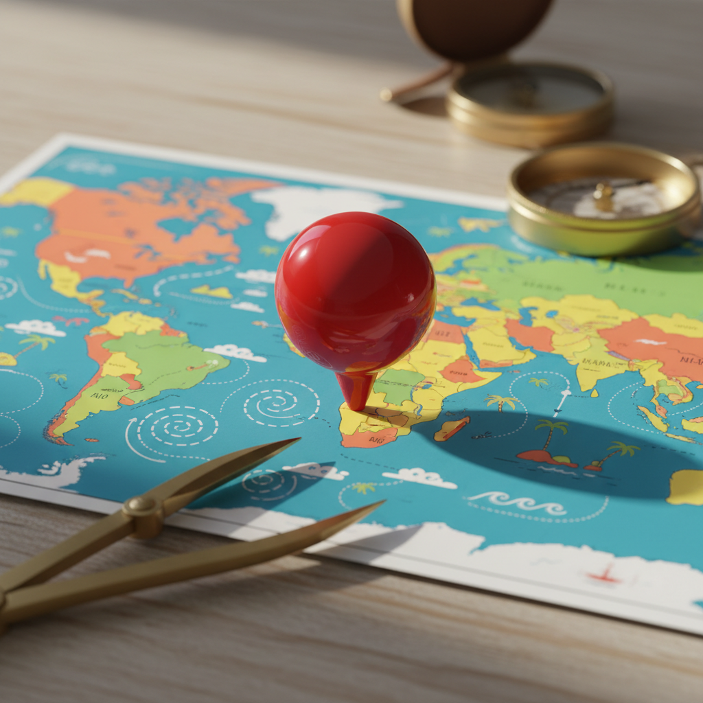 A charming, round-edged map pin in glossy red, perched atop a stylized, brightly colored map featuring winding ocean routes, miniature islands, and cheerful wave patterns. The map rests on a smooth, sunwashed wooden surface, with scattered nautical tools such as a brass dividers and a vintage compass adding context. Soft, overcast daylight floods the scene, emphasizing vivid colors and casting subtle shadows for depth. The playful composition is captured from a slightly elevated angle using photographic realism, creating an inviting, energetic, and engaging mood—perfect for a travel planning site focused on sailing adventures.