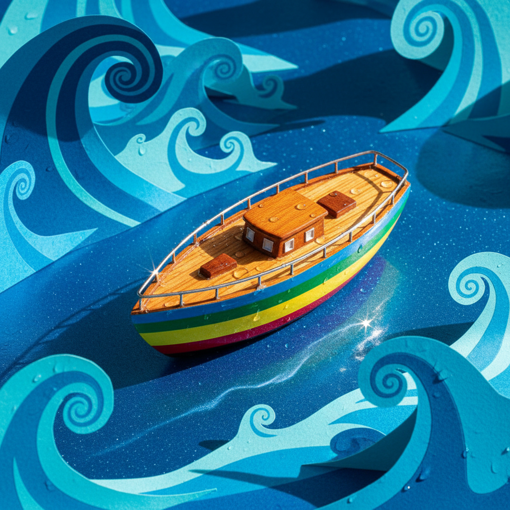 A sleek, polished sailboat model with colorful hull paint and glossy wooden deck, displayed on a vibrant azure surface mimicking ocean waters. The boat is encircled by playful paper waves with exaggerated, rounded shapes. The scene is saturated with bright, natural light from above, creating sparkling reflections on the model and energetic highlights on the vivacious blue background. The mood is whimsical and exuberant, capturing a sense of setting sail on a grand adventure. Framed in a centered composition with sharp focus throughout, this photographic image embodies the playful and dynamic spirit of global sailing.