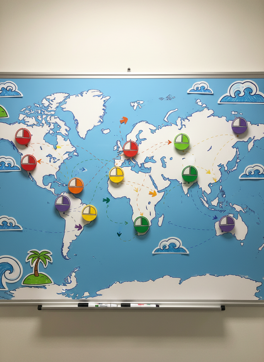 A collection of colorful, rounded sailboat icons arranged playfully on a whiteboard world map, each boat tracing a vibrant route across different ocean paths. Bright magnet markers denote departure and arrival points, while chunky, exaggerated waves and island images add a whimsical touch. The setting sits bathed in cheerful, diffused artificial lighting, creating a clean, energetic layout with soft, inviting shadows. Captured from a bird’s eye view to emphasize the lively composition and dynamic flow of the routes. The artistic style is photographic with punchy, saturated colors, reflecting the site's joyful approach to global travel planning.